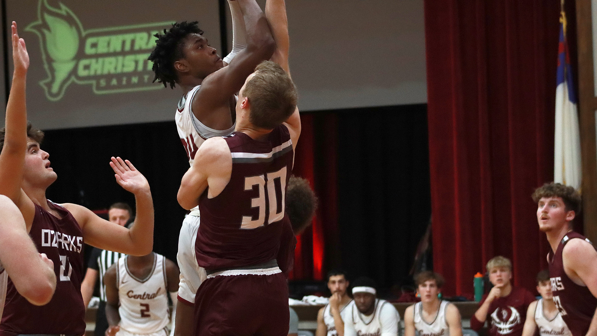 CCCB's Quincy James, Jr., drives to the basket during the Saints' 67-65 loss to College of the Ozarks on Tuesday. James finished the game with a game-high 20 points.