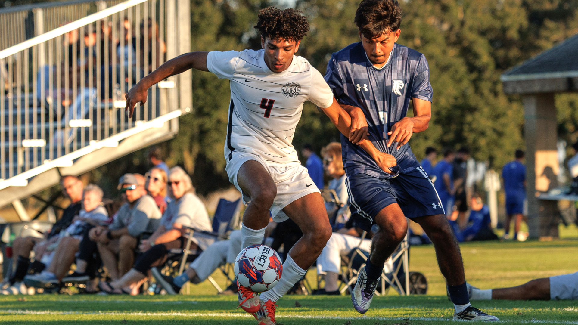 Central Christian College of the Bible's Joao Aguiar looks to get around his defender on Day Two of the 2025 DII Men's Soccer Championships in Kissimmee, Fla.